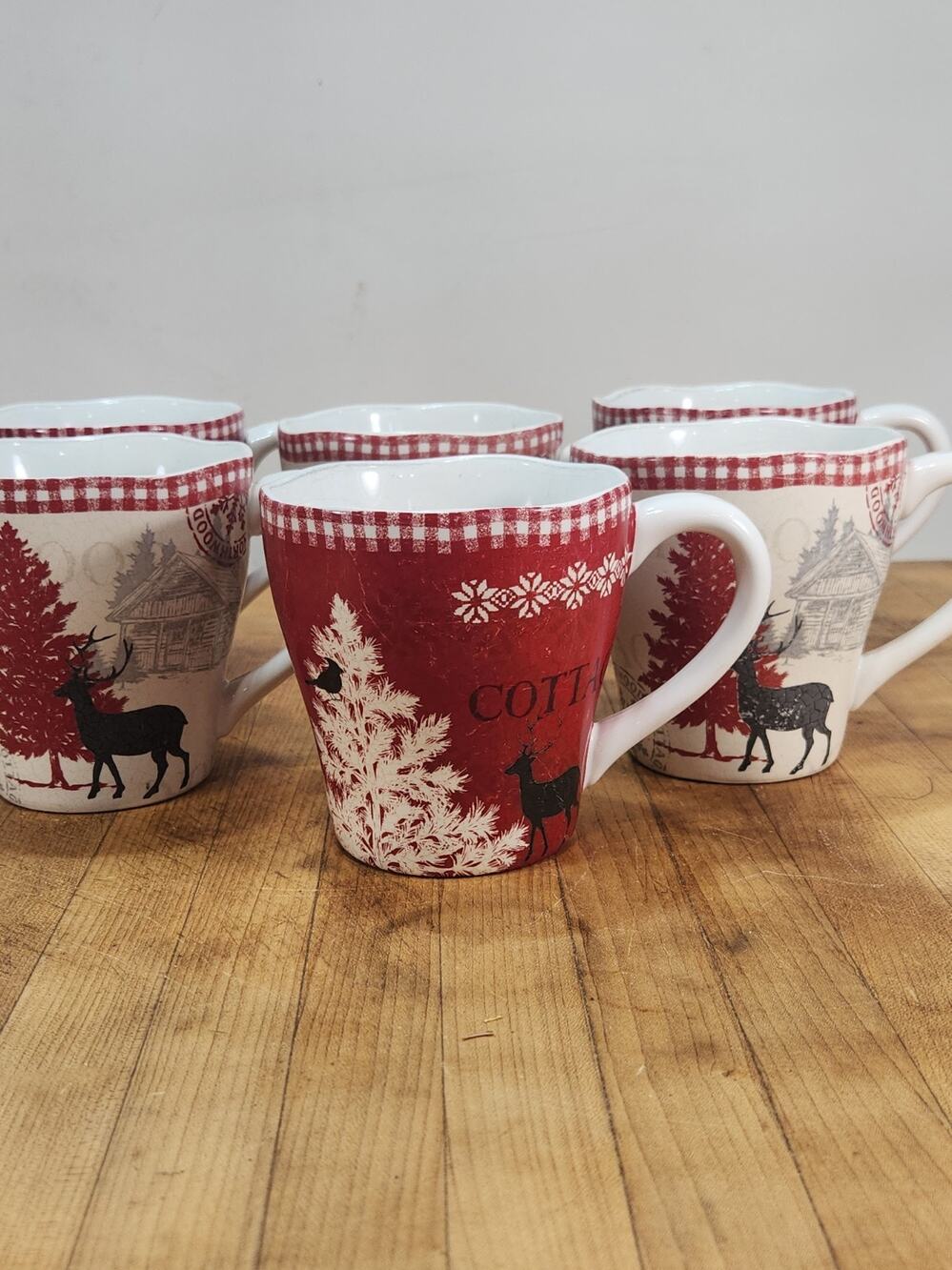 222 Fifth Northwood Cottage Christmas Mugs Set of 6 Red Deer Cabin 4.25"